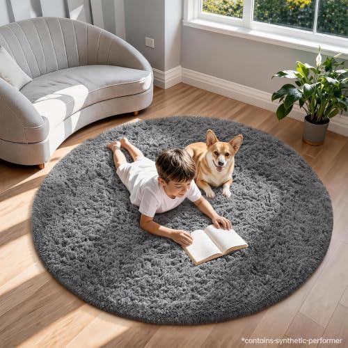 Ophanie Round Rug 6Ft Grey Circle Area Rugs,Fluffy Fuzzy Large Bedroom Carpet 6 Foot,Plush Shag Solid Indoor Floor Gray Living Room Circular Decor for Kids Teen Boys Baby,with Over 99 pcs Pile fibers