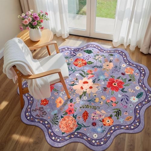 Macgace Floral Round Rug for Girls Bedroom, Washable 5ft Purple Area Rugs