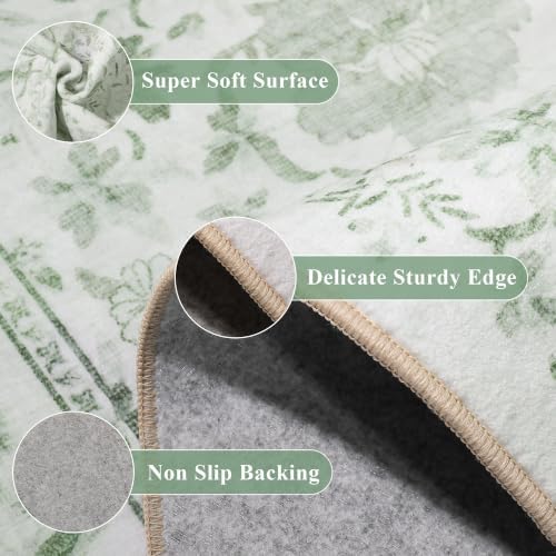 DUKINO 4x6 Rug for Living Room, Washable Vintage Floral Area Rug Sage Green