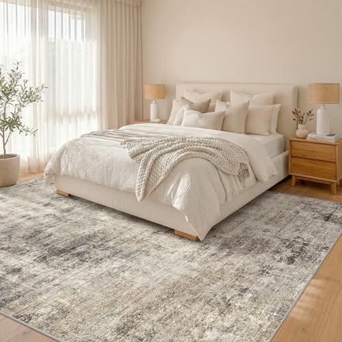 Hazo Haus Farmhouse Taupe 8x12 Area Rug for Living Room, Abstract Medallion Rug for Bedroom & Dining Room, Washable Non-Slip, Fade and Stain Resistant, Distressed Design