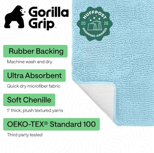 GORILLA GRIP Bath Rug Mat for Bathroom, Absorbent Chenille, 30x20 Sky Blue