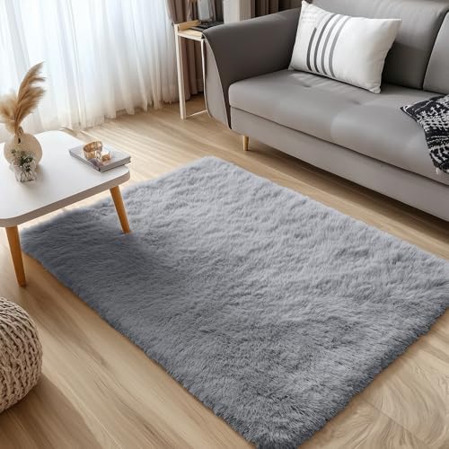 OLANLY 3x4 Machine Washable Accent Rug, Soft Fluffy Shaggy Area Rug for Bedroom, Living Room, Indoor Floor Carpet for Kids, Nursery, Home Decor, Light Grey