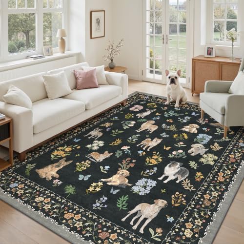Soalmost Dog 5x7 Area Rugs for Living Room, Washable Animal Soft Rug Black