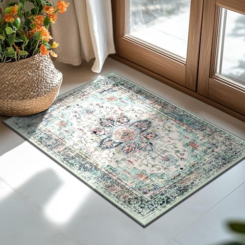 BESTSWEETIE Washable Boho 2x3 Area Rug for Living Room, Multi Navy Teal