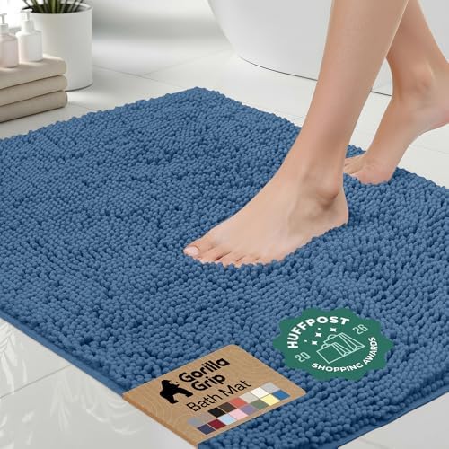 GORILLA GRIP Bath Rug Mat for Bathroom, Absorbent Chenille, 60x17 Blue