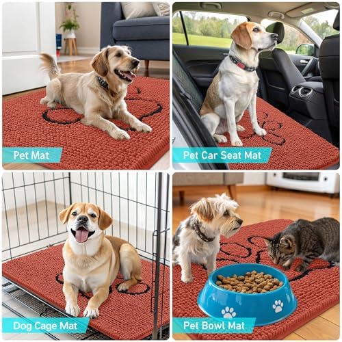 OLANLY Dog Door Mat for Muddy Paws 30x20, Paw Print Design Chenille Mud Mat