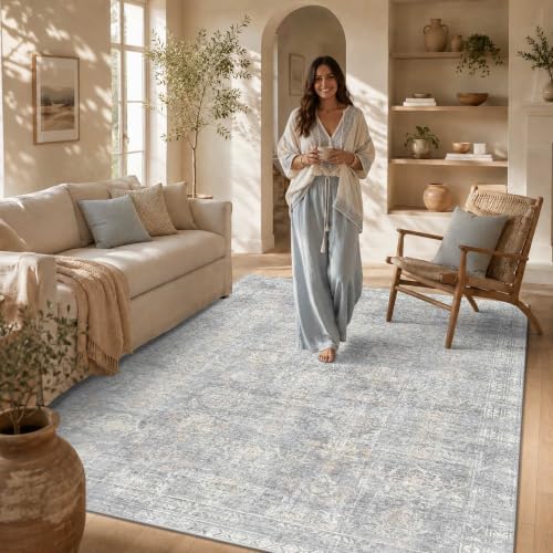 Rugxara 5x7 Area Rugs Washable Rug for Living Room Bedroom, Grey/Beige | Non Slip, Rug for Dining Room Dorm Office Farmhouse, Stain Resistant, Soft, Vintage Boho Carpet, Low Pile, Home Decor