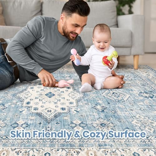 cotiled 5x7 Area Rug for Living Room, Washable, Traditional, Blue