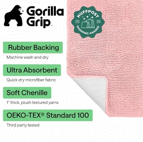 GORILLA GRIP Bath Rug Mat for Bathroom, Absorbent Chenille 24x17 Light Pink