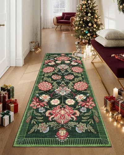 GarveeHome Forest Green Floral Botanical 2x6 Washable Kitchen Runner Rugs Non Slip Vintage Boho Cottage Long Rug for Hallways Bedroom Entryway Bathroom Mat with Rubber Back