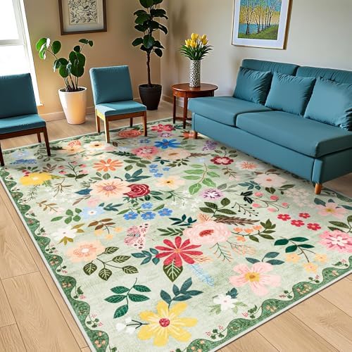 PLHXFR Area Rug 10x12 Living Room: Floral Washable Boho Soft Carpet Green