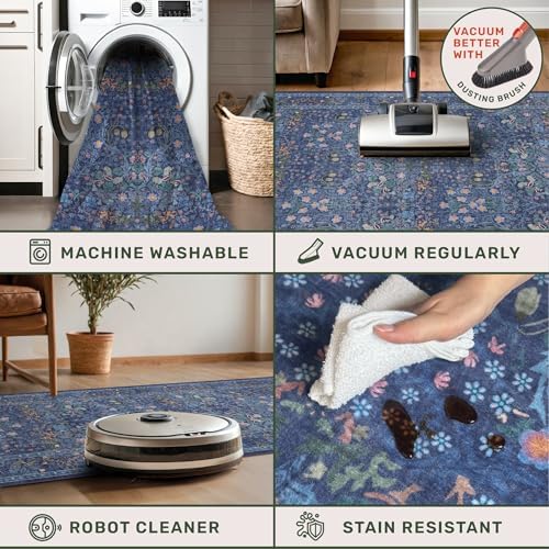 Vintage 3x16 Wide Hallway Runner Rug Non Slip, Ultra Thin Large Kitchen Indoor Floor Rugs for Entryway Hall Way, Soft Stain Resistant Low Pile Blue Floral Carpet