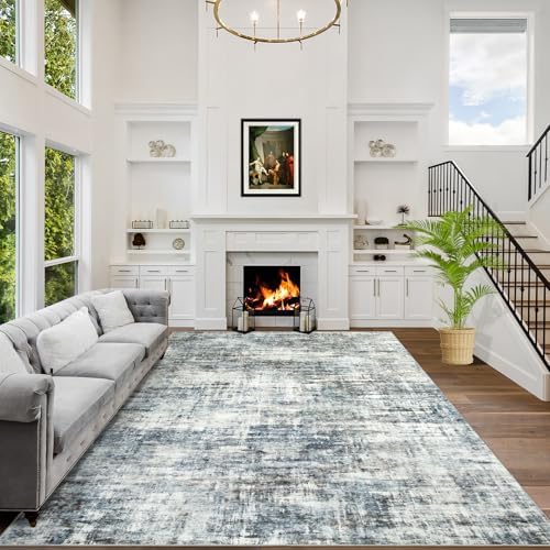 4x6 Area Rugs for Living Room: Washable Abstract Blue Multi Bedroom Carpet