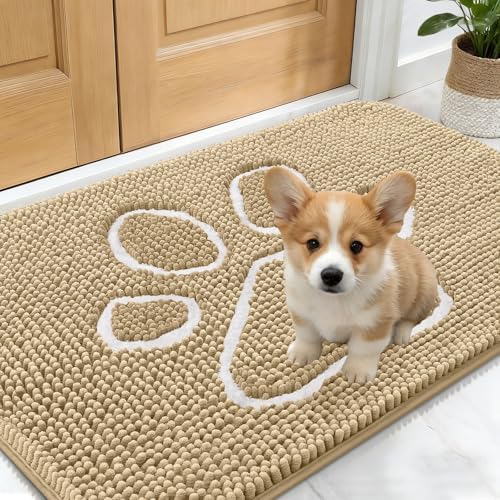 OLANLY Dog Door Mat for Muddy Paws 24x16, Paw Print Design Chenille Mud Mat