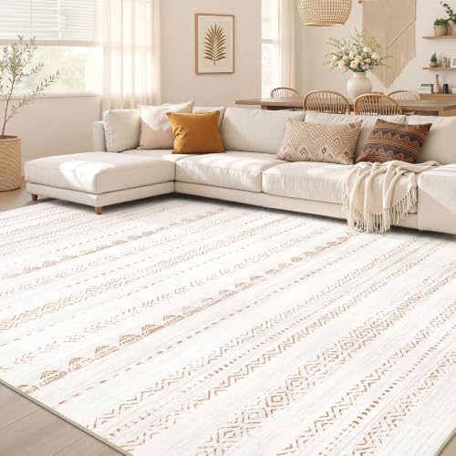 Nakagishi 10x13 Area Rugs Living Room: Washable Boho Large Neutral Soft Farmhouse Rug Stain Resistant Modern Moroccan Non-Slip Indoor Floor Carpet for Bedroom Nursery Kids Playroom Office- Brown