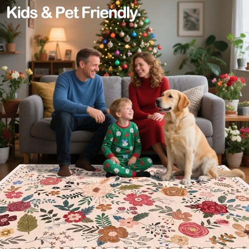 6x9 Washable Area Rugs for Living Room Soft Carpet (Beige Red)
