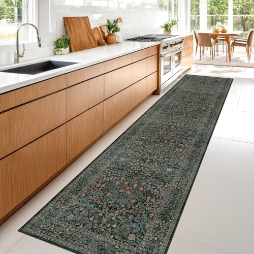 Vintage Washable 2x10 Runner Rug Non Slip for Hallway, Kitchen, Entryway, 10ft Stain Resistant Extra Long Soft Rug Runners, Dark Green Floral Unique Botanical Floor Mat