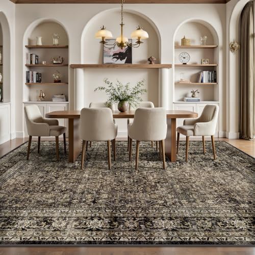 10x14 Area Rugs for Living Room - Washable Vintage Retro Large Rug, Soft Ultra Thin Non Slip Low Pile Traditional Distressed Boho Carpet for Bedroom Dining Room Home Office, Brown