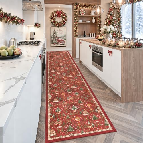 Christmas 2x10 Runner Rugs for Hallway, Red Non Slip Washable Kitchen Rug