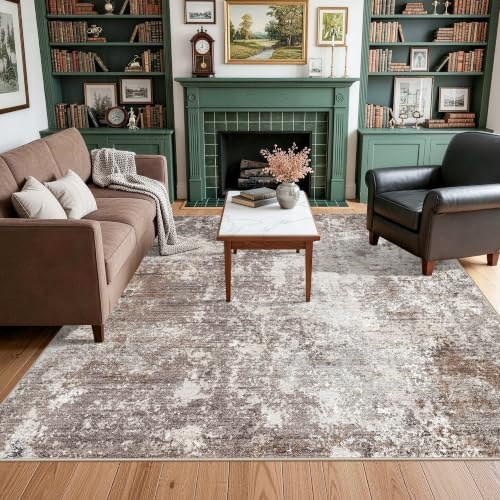 Square Area Rug 6x6 Washable – Non Slip Modern Abstract for Kitchen Dining Room Living Room – Low Pile Thin Soft Indoor Rug (Brown Beige, 6ft)