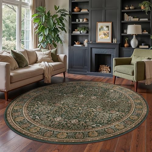 Bavni 8ft Round Area Rug 8x8, Washable Non Slip, Dark Green Brown