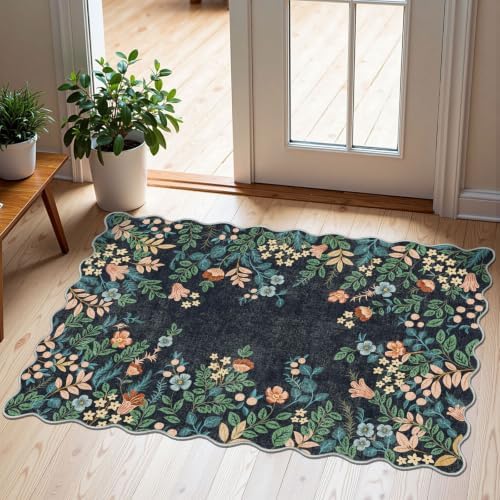 Front Door Mat Indoor Outside Entrance - 2x3 Dark Navy Floral Rug