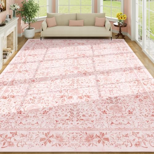 DUKINO 9x12 Area Rug for Living Room, Vintage Floral Washable Rugs, Pink
