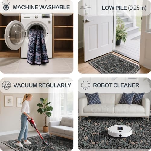 5x7 Washable Area Rugs for Living Room Soft Carpet (Black Flora)