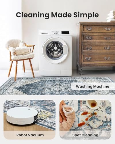 Amada Round 6x6 Washable Area Rug for Living Room, Blue, Vintage Style