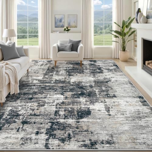 XLUEZ 9x12 Area Rug for Living Room, Washable Modern Abstract Large Area Rug Neutral Soft Non Slip Kids Rug Stain Resistant Indoor Carpet for Bedroom Dining Room Playroom Office(BlackGrey, 9'x12')