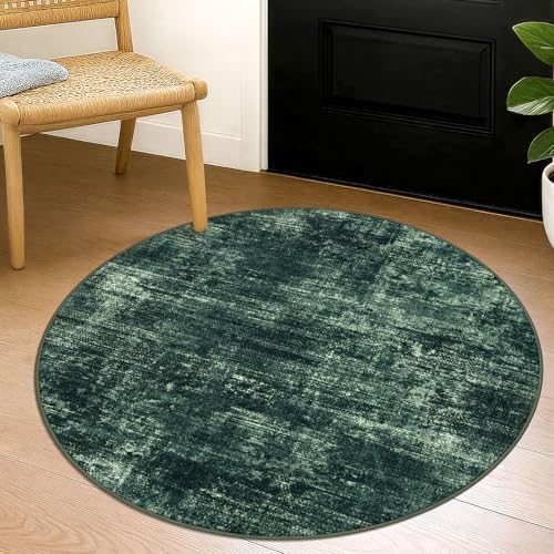 IOHOUZE Round Area Rug 3 Ft Circle Entryway Rugs Round Washable Door Mat Indoor Entrance, Non Slip Circle Front Door Rug, Printed Abstract Faux Wool Floor Carpet for Foyer Porch Sink, Dark Green