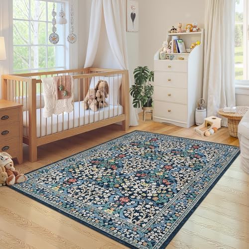GarveeHome Blue Floral 3x5 Washable Area Rug for Nursery Bedroom