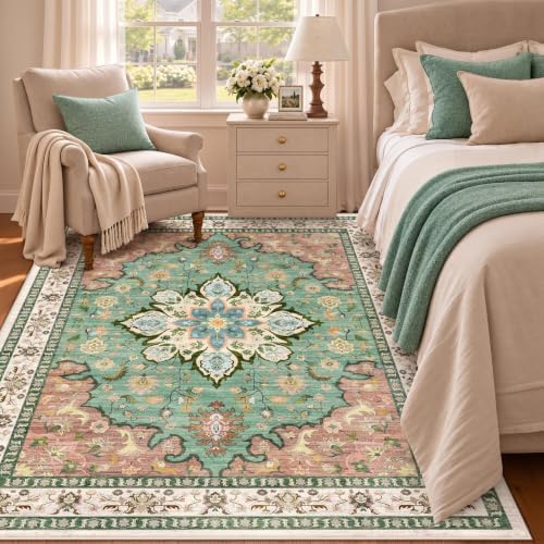 5x7 Area Rugs for Living Room: Washable Vintage Floral Rug Low Pile Non-Slip Boho Carpet for Nursery Bedroom Dining Room (RedGreen, 5'x7')
