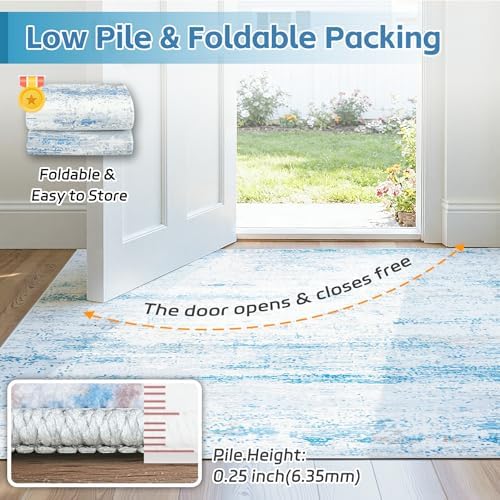 9x12 Washable Area Rug for Living Room Bedroom: Non-Slip Modern Light Blue