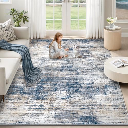 XLUEZ 5x7 Area Rugs for Living Room, Washable Modern Abstract Large Area Rug Neutral Soft Non Slip Kids Rug Stain Resistant Indoor Carpet for Bedroom Nursery Dining Room Playroom(BlueWhite, 5'x7')