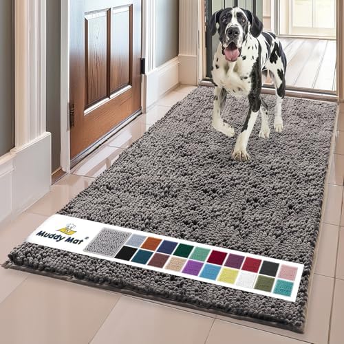 Muddy Mat® | Super Water Absorbent Door Mat Indoor, Microfiber Quick Dry Chenille Entryway Rug, Slip Resistant Front Door Mat, Indoor Mats for Entryway, Machine Washable Pet Rug, Charcoal 24"x60"