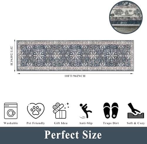 Washable Hallway Runner Rug 2x10: Non Slip Vintage Boho Carpet with Rubber Backing for Kitchen Entryway Hall Holiday Farmhouse Neutral Cream Long Runners (Blue,2'x10')