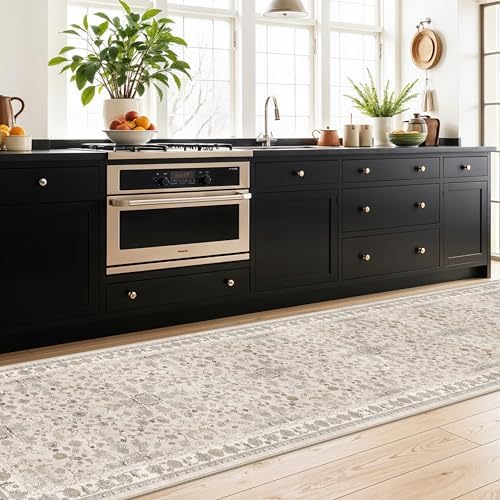 3x12 ft Long Kitchen Runner Rug - Non-Slip Washable Hallway Rug with Rubber Backing,Boho Floral Soft Low Pile Floor Carpet Runner for Entryway,Bedroom,Living Room（Beige,3x12）