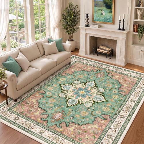 8x10 Area Rugs for Living Room: Washable Large Vintage Floral Rug Low Pile Non-Slip Boho Carpet for Bedroom Dining Home Office (RedGreen, 8'x10')