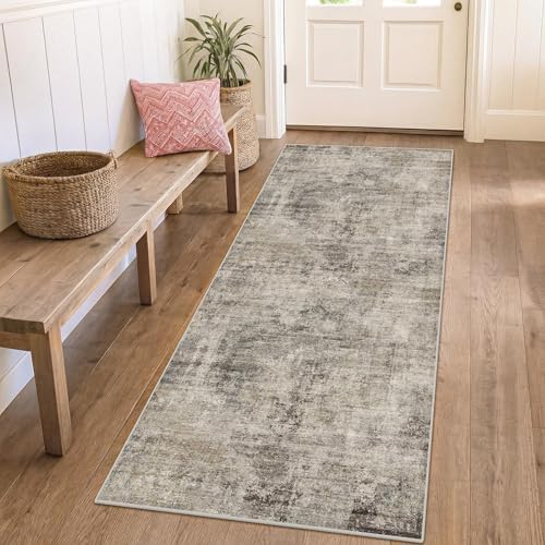 Vintage 2x5 Taupe Runner Rugs for Indoor Entryway, Washable Farmhouse Kitchen Rugs, Entryway Indoor Runner for Bathroom, Home Office Floor Rug, Non-Slip Stain & Fade Resistant, Distressed Design