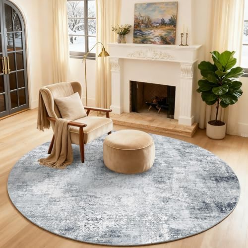 4ft Round Bedroom Rug Washable: Circle Rugs for Living Room Boho Vintage Non Slip Low Pile Soft Faux Wool Non Shedding Small Carpet for Kitchen Entryway Bathroom Bedside Office Dorm Kids Room Entrance