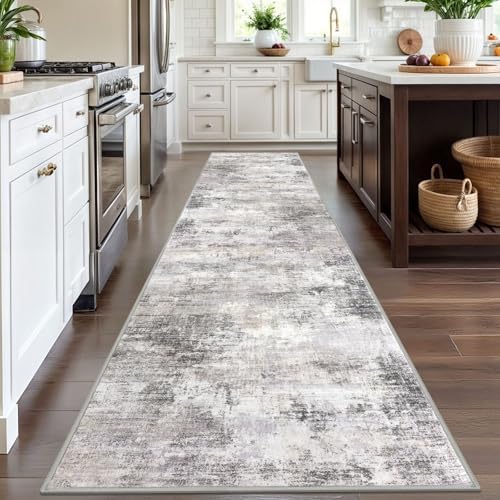 IOHOUZE Abstract Runner Rug 3x12 Ft Washable Runners for Hallways, Non Slip Kitchen Runner Printed Faux Wool Entryway Runner Indoor, Modern Abstract Floor Carpet for Hall Kitchen, Grey Beige