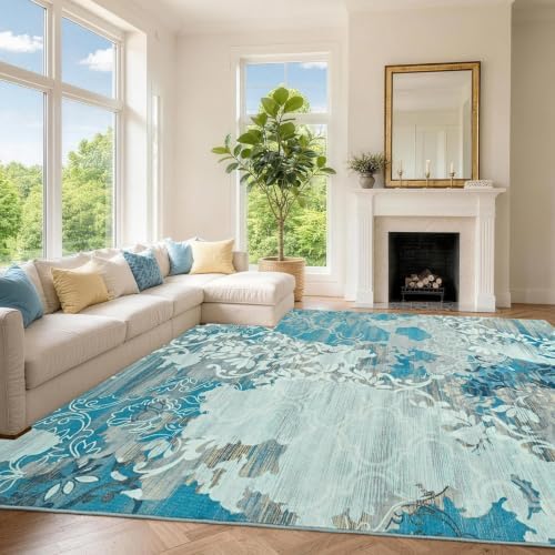 9x12 Washable Non-Slip Area Rug for Living Room (Blue)