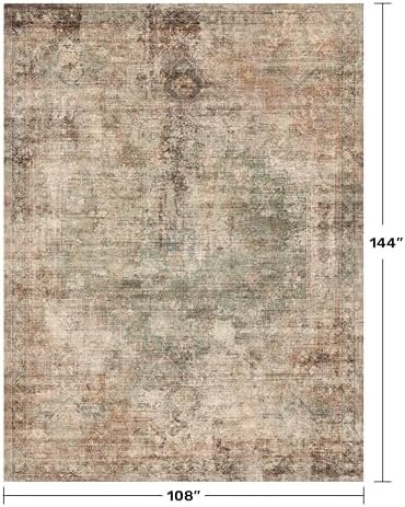 Vintage Distressed Medallion Rugs for Living Room - 9x12 Green and Brown Large Washable Rug for Bedroom, Dining Table, Ultra-Thin, Soft, Non Slip, Lightweighted Print Carpet, Distressed Design