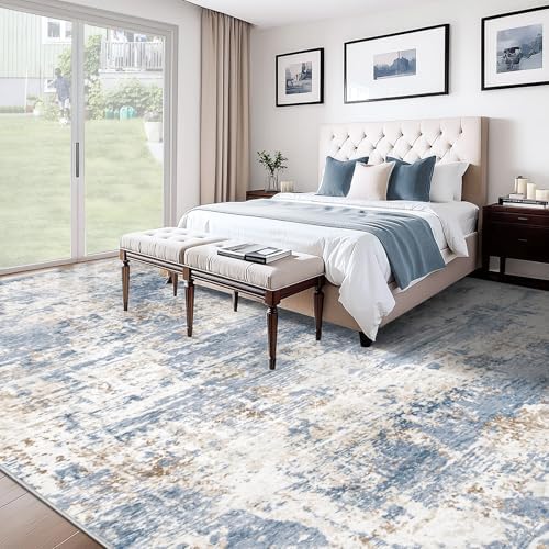 XLUEZ 10x14 Area Rugs for Living Room, Washable Modern Abstract Large Area Rug Neutral Soft Non Slip Kids Rug Stain Resistant Indoor Carpet for Bedroom Dining Room Playroom Home Office(Blue, 10'x14')
