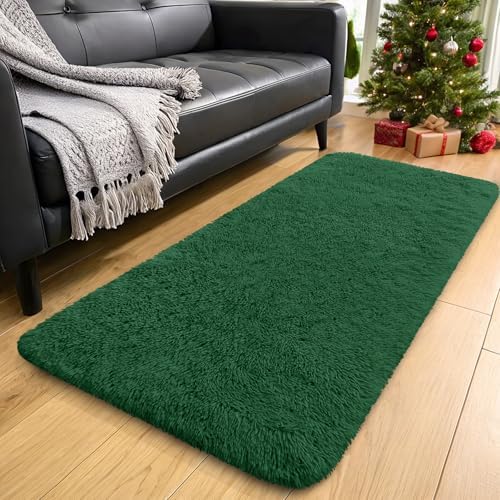 OLANLY 2x4 Machine Washable Runner Rugs for Hallway, Soft Fluffy Shaggy Bedside Rugs for Bedroom, Living Room, Indoor Floor Carpet for Kids Girls Boys, Nursery Rooms, Home Decor Aesthetic, Dark Green