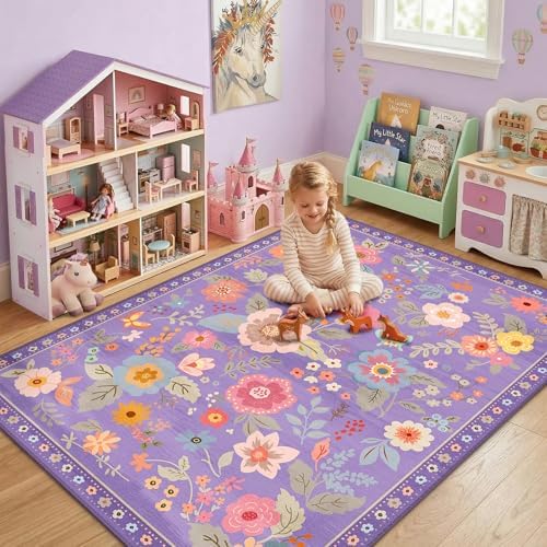 RELEANY Floral Washable 5x8 Area Rugs Purple/Pink