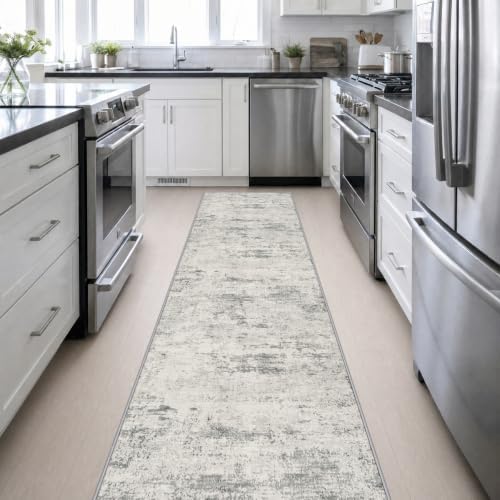 2.6x14 Washable Runner Rug:Modern Abstract Indoor Soft Carpet Gray