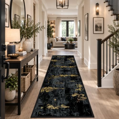 RELEANY Washable Runner 2'x8' Abstract Area Rug for Hallway Black Gold