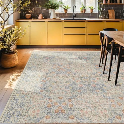 Washable Dining Room Rugs, 6x9 Area Rug for Living Room, Bedroom, Kids Playroom, Baby Nursery - Low Pile Non-Slip Lightweight - Oriental Vintage Design & Stain Resistance (6x9 Light Beige Blue)